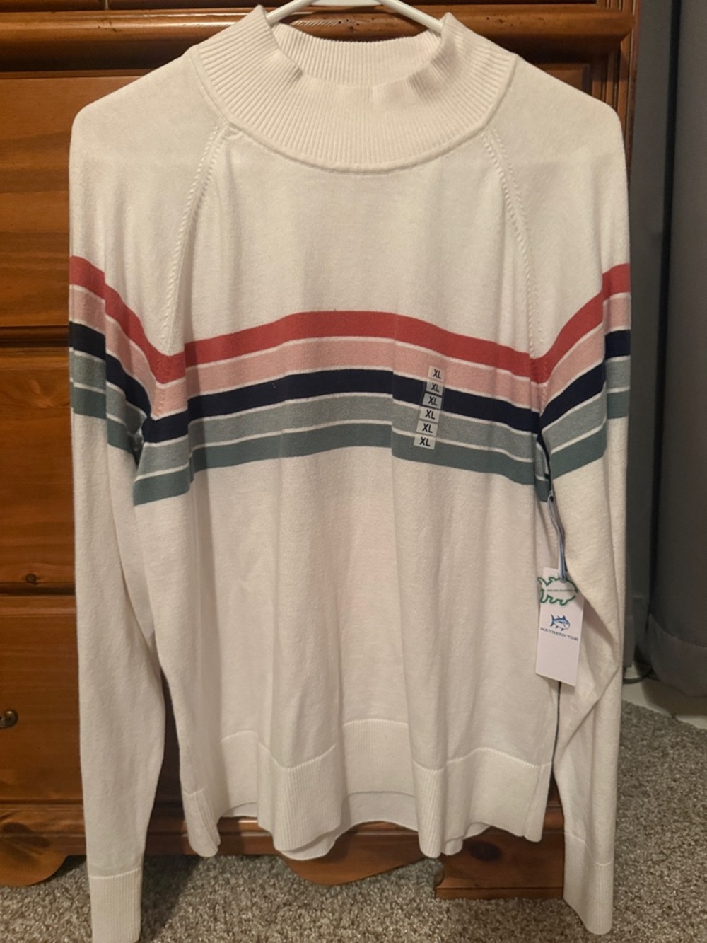 Southern Tide Cream Knit Sweater with Coral, Navy & Seafoam Stripes